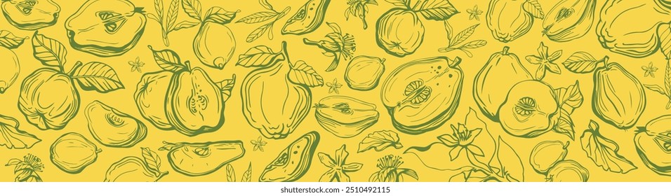 Isolated vector set of quince, fruit, twigs with leaves on a white and yellow background. Lemon color. Vintage vector template design. Hand drawn set of fruits illustrations. Exotic fruits.