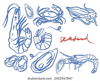 Isolated vector set of seafood. Mussels. Oysters. Hand drawn seafood delicacy, restaurant and marine cafe menu. Design template.