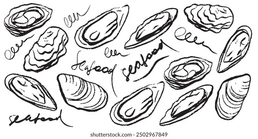 Isolated vector set of seafood. Mussels. Oysters. Hand drawn seafood delicacy, restaurant and marine cafe menu. Design template.