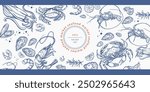 Isolated vector set of seafood. Shrimps, langoustines, prawns, salmon, trout, oysters, mussels, squid, crab, lemon.Hand-drawn seafood delicacy, restaurant and marine cafe menu.