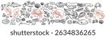  Isolated vector set of seafood. Shrimps, langoustines, prawns, salmon, trout, oysters, mussels, squid, crab, lemon.Hand-drawn seafood delicacy, restaurant and marine cafe menu.