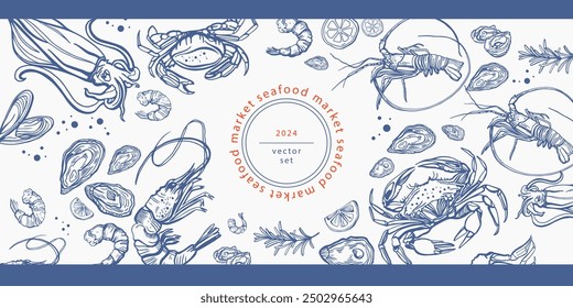 Isolated vector set of seafood. Shrimps, langoustines, prawns, salmon, trout, oysters, mussels, squid, crab, lemon.Hand-drawn seafood delicacy, restaurant and marine cafe menu.