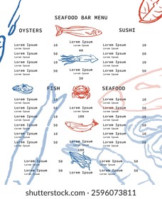 Isolated vector set of seafood. Shrimps, langoustines, prawns, salmon, trout, oysters, mussels, squid, crab, lemon.Hand-drawn seafood delicacy, restaurant and marine cafe menu.