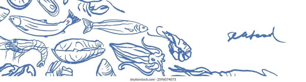 Isolated vector set of seafood. Shrimps, langoustines, prawns, salmon, trout, oysters, mussels, squid, crab, lemon.Hand-drawn seafood delicacy, restaurant and marine cafe menu.