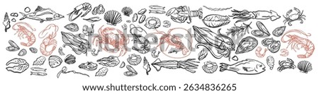  Isolated vector set of seafood. Shrimps, langoustines, prawns, salmon, trout, oysters, mussels, squid, crab, lemon.Hand-drawn seafood delicacy, restaurant and marine cafe menu.