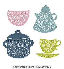 Isolated vector set of silhouettes of kitchen supplies in pastel colors, plate, saucepan, kettle and cup for tea. The design is perfect for stickers, decorations, icons, logos, badges, advertisements