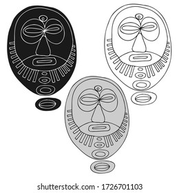 Isolated vector set of silhouettes of lined tribal ancient masks in black, grey and white. The design is perfect for stickers, icons, badges, stationary, decorations and tattoos.
