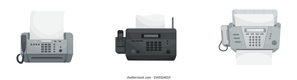 Isolated vector set of three Faxes. Office devices, printers, phones.