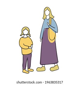Conjunto vectorial aislado de dos niñas madre e hija con ropa colorida de fondo blanco. El diseño es perfecto para logotipos, paquetes, pegatinas, insignias, tarjetas, anuncios.