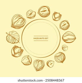 Isolated vector set of walnuts in vintage style. Hand drawn leaves and natural healthy food nut pieces collection. Diet snack vector illustration. Ingredient for nut butter and paste.