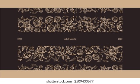 Isolated vector set of walnuts in vintage style. Hand drawn leaves and natural healthy food nut pieces collection. Diet snack vector illustration. Ingredient for nut butter and paste.