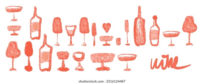 Isolated vector set of wine and alcoholic beverage glasses and tumblers. Hand drawn sketch. Watwecolor. Red drawing on white background. 