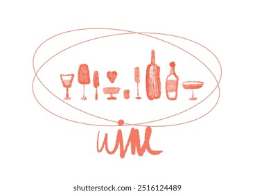 Isolated vector set of wine and alcoholic beverage glasses and tumblers. Hand drawn sketch. Watwecolor. Red drawing on white background. 