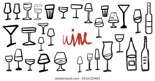 Conjunto de Vector aislado de copas de vino y bebidas alcohólicas y vasos. Boceto dibujado a mano. Dibujo rojo y negro sobre fondo blanco. 