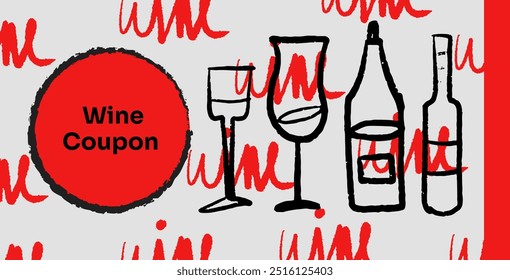 Isolated vector set of wine and alcoholic beverage glasses and tumblers. Hand drawn sketch. Red and black drawing on white background. 