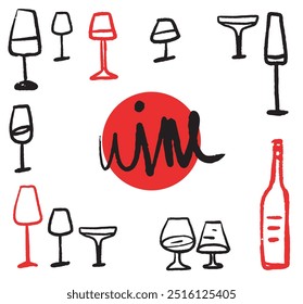 Isolated vector set of wine and alcoholic beverage glasses and tumblers. Hand drawn sketch. Red and black drawing on white background. 