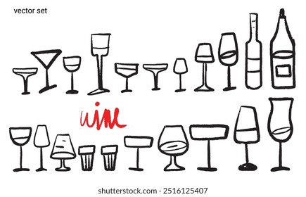Isolated vector set of wine and alcoholic beverage glasses and tumblers. Hand drawn sketch. Red and black drawing on white background. 