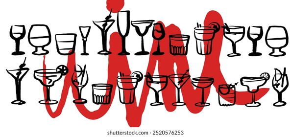 Conjunto de Vector aislado de copas de vino y bebidas alcohólicas y vasos. Dibujo dibujado a mano. Dibujo rojo y negro sobre fondo blanco. Cócteles, martini, whisky, coñac, vodka, gin tonic, cerveza, brandy