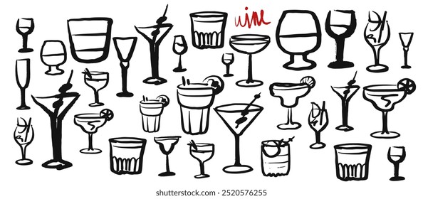 Vetor isolado de copos e copos de vinho e bebidas alcoólicas. Esboço desenhado à mão.Desenho vermelho e preto sobre fundo branco.Cocktails, martini, uísque, conhaque, vodka, gim tônico, cerveja, conhaque