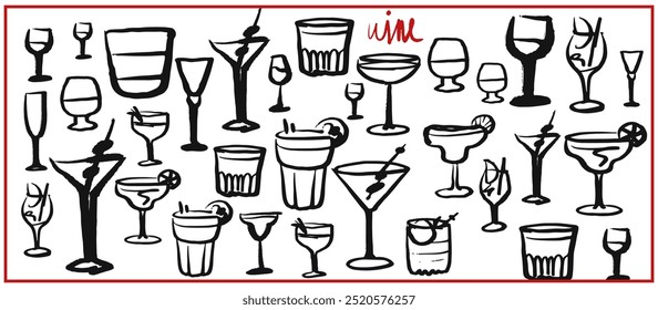 Conjunto de Vector aislado de copas de vino y bebidas alcohólicas y vasos. Dibujo dibujado a mano. Dibujo rojo y negro sobre fondo blanco. Cócteles, martini, whisky, coñac, vodka, gin tonic, cerveza, brandy