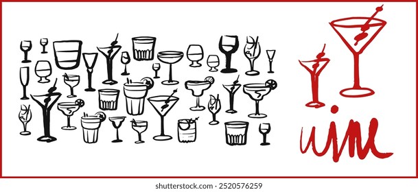 Conjunto de Vector aislado de copas de vino y bebidas alcohólicas y vasos. Dibujo dibujado a mano. Dibujo rojo y negro sobre fondo blanco. Cócteles, martini, whisky, coñac, vodka, gin tonic, cerveza, brandy