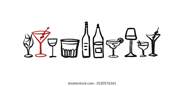 Conjunto de Vector aislado de copas de vino y bebidas alcohólicas y vasos. Dibujo dibujado a mano. Dibujo rojo y negro sobre fondo blanco. Cócteles, martini, whisky, coñac, vodka, gin tonic, cerveza, brandy