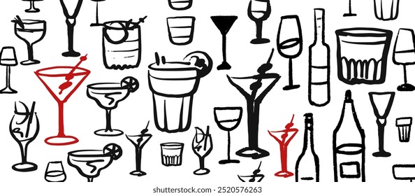 Conjunto de Vector aislado de copas de vino y bebidas alcohólicas y vasos. Dibujo dibujado a mano. Dibujo rojo y negro sobre fondo blanco. Cócteles, martini, whisky, coñac, vodka, gin tonic, cerveza, brandy