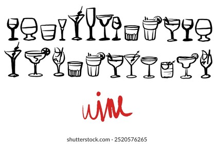 Conjunto de Vector aislado de copas de vino y bebidas alcohólicas y vasos. Dibujo dibujado a mano. Dibujo rojo y negro sobre fondo blanco. Cócteles, martini, whisky, coñac, vodka, gin tonic, cerveza, brandy