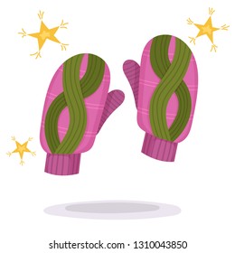 Isolated vector set. Winter fashion mittens with heart and stars in cartoon style. Holiday card. Vector cartoon illustration.