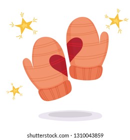 Isolated vector set. Winter fashion mittens with heart and stars in cartoon style. Holiday love card. Vector cartoon illustration.