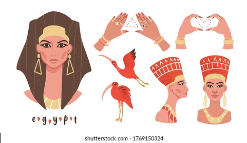 Isolated vector set for young adult, teenager t-shirt design, wall art, stickers. Exotic birds ibis, beautiful woman portrait set. Nefertiti and princess pharaon face. Fortune teller hands. Cute art.