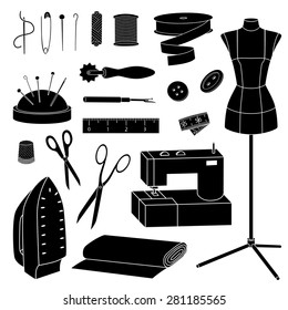 Isolated vector sewing tools silhouettes set: pin/pin cushion, tape measure, iron, ripper, buttons, needle, spool of threads, tracing wheel, thimble, scissors, sewing machine, ruler, cloth, mannequin