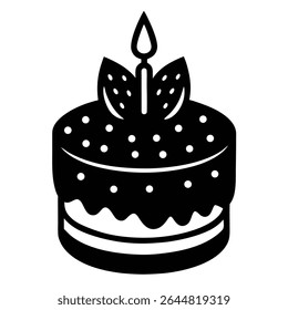 Isolated vector showcases a monochrome cake icon, presenting a two-layer treat adorned with a candle on top and a pattern of dots across its surface, simple design.