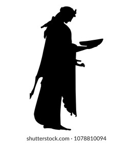 Isolated vector silhouette of ancient Greek woman holding a bowl.
