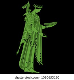 Isolated vector silhouette of ancient Greek goddess Artemis holding a bowl. Based on antique vase painting motif. 