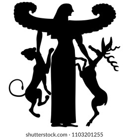 Isolated vector silhouette of ancient Greek Goddess with two animals. Artemis Potnia Theron. 