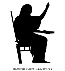 Isolated vector silhouette of ancient Greek woman or goddess with raised hand seated on a chair and holding a bowl. Based on vase painting motif. 