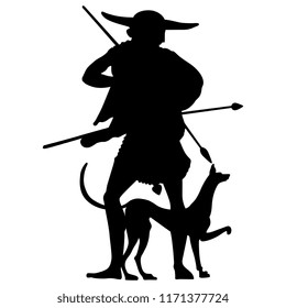 Isolated vector silhouette of ancient Greek hunter in a hat holding weapon. Based on antique vase painting motif. 
