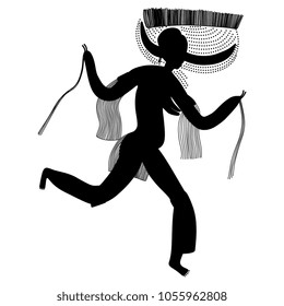Isolated vector silhouette of ancient running  Horned Goddess. Based on North African rock painting from Tassili n'Ajjer in Sahara desert in Algeria. Ethnic prehistoric style.