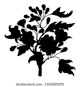 Isolated Vector Silhouette Of A Blooming Hawthorn Branch With Leaves, Flowers And Buds. 