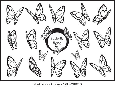 Isolated vector silhouette butterfly. Black outline logo butterfly flying on white background. Line sketch for tattoo.