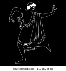 Isolated vector silhouette of a dancing Etruscan young man. Based on ancient Italian fresco. Linear white silhouette on black background.