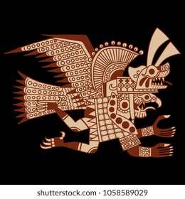 Isolated vector silhouette of fantastic anthropomorphic monster bird. Ethnic style. Based on folk art of ancient Peru. Mochica culture of Peruvian Indians.
