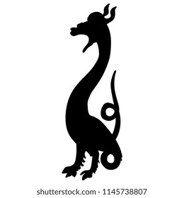 Isolated vector silhouette of a fantastic creature. Funny standing dragon with twirled tail.