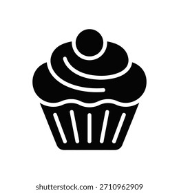 Ícone isolado de silhueta vetorial representando um cupcake gostoso com geada decorativa e uma única cereja no topo, definido contra um fundo branco limpo.