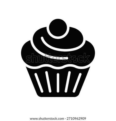 Isolated vector silhouette icon depicting a yummy cupcake featuring decorative frosting and a single cherry on top, set against a clean white background.