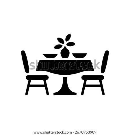 Isolated vector silhouette icon illustrates a dining table set for a meal with two chairs, two bowls, and a central vase of flowers on a white background.