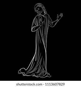 Isolated vector silhouette of a medieval character. Standing young man or woman in a long dress. Hand drawn sketch based on Gothic motif. Black and white linear silhouette on black background.