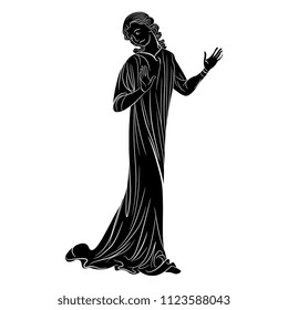 Isolated vector silhouette of a medieval character. Standing young man or woman in a long dress. Hand drawn sketch based on Gothic motif. 