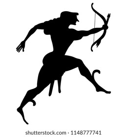 Isolated vector silhouette of running ancient Greek god Apollo with bow and arrows.